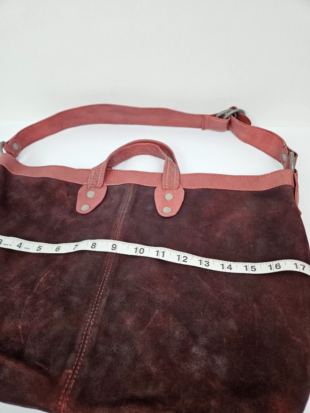 Free People We the Free Vintage Burgundy Red Distressed Suede Slouchy Tote Bag - Picture 5 of 13